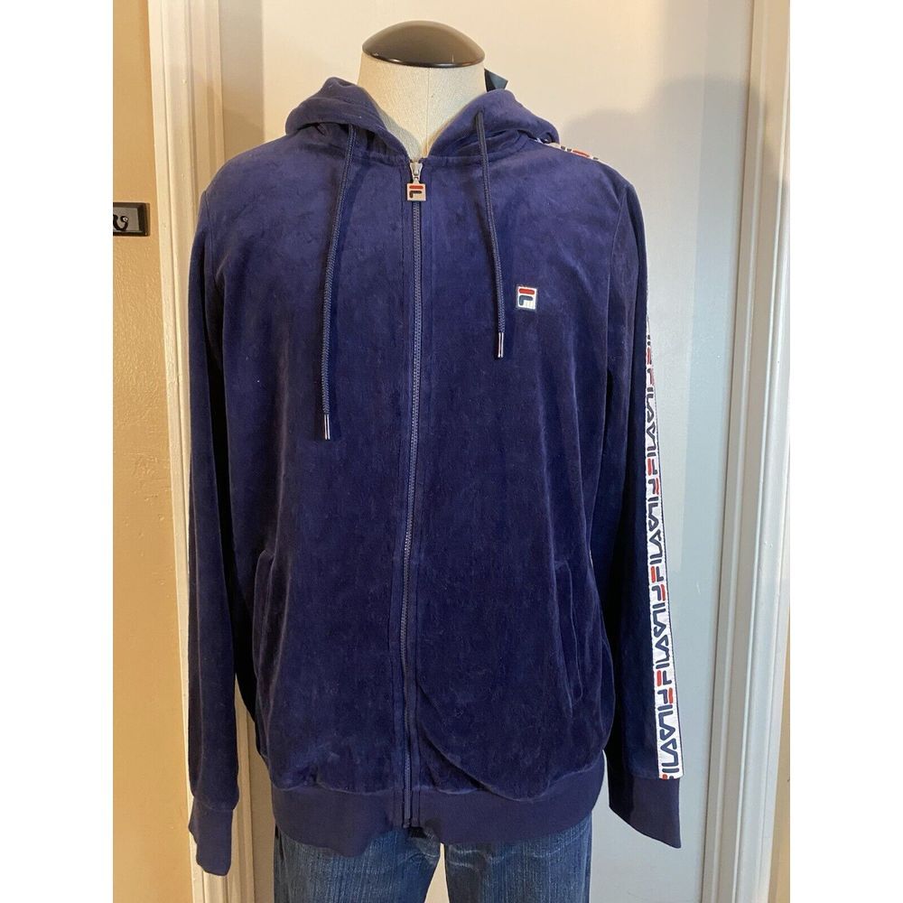 FILA Navy Blue Marybeth Women Velour Hooded Jacket Track Jacket Logo Large L